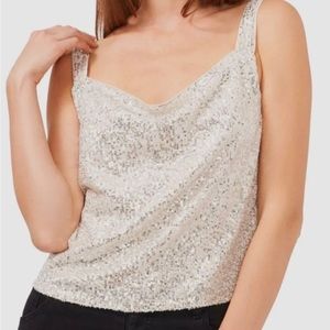 🌻NWT 1. STATE Women's Beige Sequin Drape Cowl-Neck Tank Top